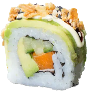 Vega Salmon Dragon Roll<img src="//cdn.sitedish.nl/nieuw_design/img/allergies/Egg.svg" alt="Ei" data-toggle="tooltip" data-placement="bottom" title="" data-original-title="Ei"> <img src="//cdn.sitedish.nl/nieuw_design/img/allergies/Wheat.svg" alt="Gluten" data-toggle="tooltip" data-placement="bottom" title="" data-original-title="Gluten"> <img src="//cdn.sitedish.nl/nieuw_design/img/allergies/Milk.svg" alt="Melk" data-toggle="tooltip" data-placement="bottom" title="" data-original-title="Melk"> <img src="//cdn.sitedish.nl/nieuw_design/img/allergies/Sesame.svg" alt="Sesam" data-toggle="tooltip" data-placement="bottom" title="" data-original-title="Sesam"> <img src="//cdn.sitedish.nl/nieuw_design/img/allergies/Vegan.svg" alt="Vegetarisch" data-toggle="tooltip" data-placement="bottom" title="" data-original-title="Vegetarisch"> 